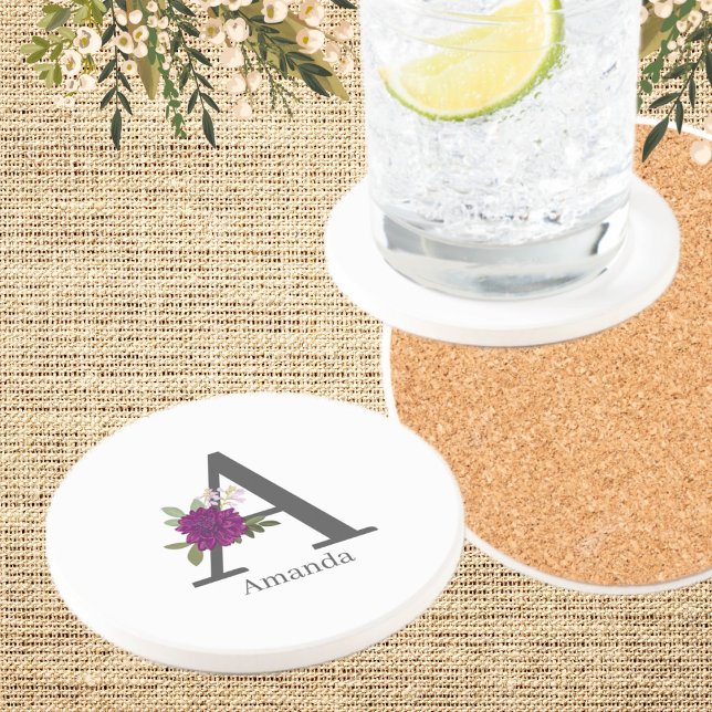 Posavasos Burgundy Dahlia Floral Alphabet Letter Monogram  (Subido por el creador)