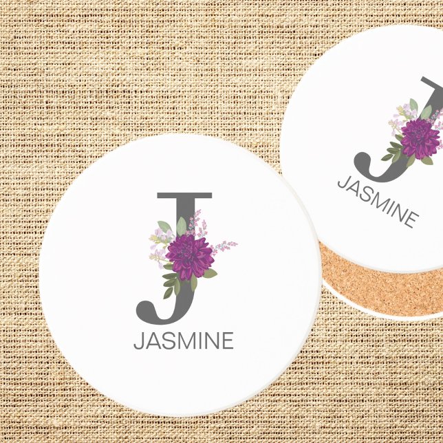 Posavasos Burgundy Dahlia Floral Alphabet Letter Monogram   (Subido por el creador)
