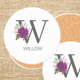 Posavasos Burgundy Dahlia Floral Alphabet Letter Monogram  