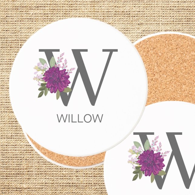 Posavasos Burgundy Dahlia Floral Alphabet Letter Monogram   (Subido por el creador)