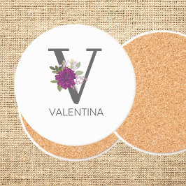 Posavasos Burgundy Dahlia Floral Alphabet Letter Monogram  