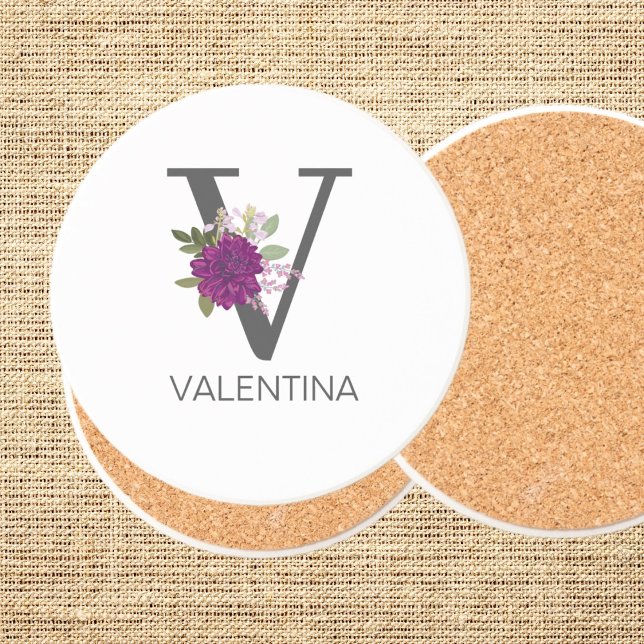 Posavasos Burgundy Dahlia Floral Alphabet Letter Monogram   (Subido por el creador)