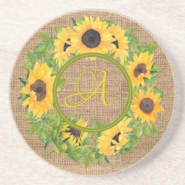 Posavasos Burlap Monogramado de girasoles rusos (Frente)