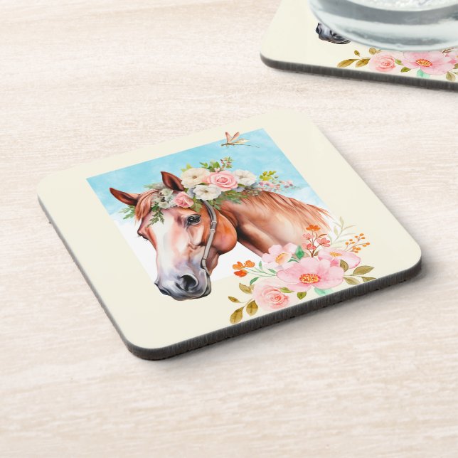 Posavasos Caballo acuarela y flores 6 (Lado Izquierdo)