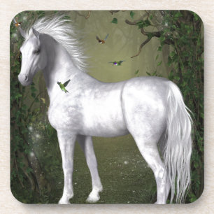 Posavasos Caballo blanco en los bosques con colibríes