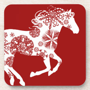 Posavasos Caballo de Navidades de copos de nieve rojos y bla