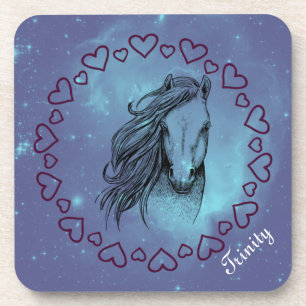 Posavasos Caballo Galaxia y Corazones con Nombre Opcional  