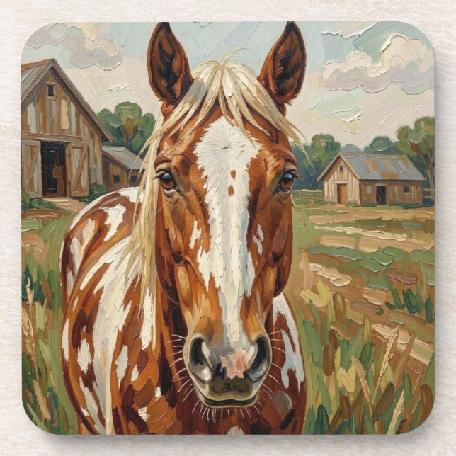 Posavasos Caballo marrón y blanco bonito en una granja rústi (Frente)