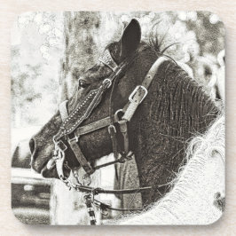 Posavasos Caballo original de arte gráfico en blanco y negro