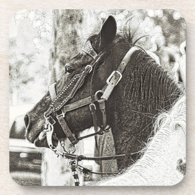 Posavasos Caballo original de arte gráfico en blanco y negro (Frente)