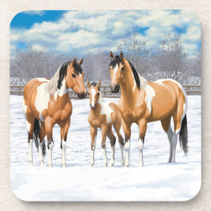 Posavasos Caballos de pintura de piel negra en nieve