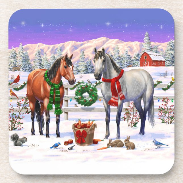 Posavasos Caballos navidades en nieve (Frente)