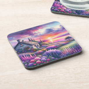 Posavasos Cabaña Atardecer Pastel Jardín junto al Lago Paisa