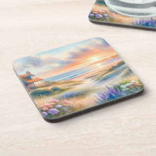Posavasos Cabaña Costera Atardecer Dunas Acuarela