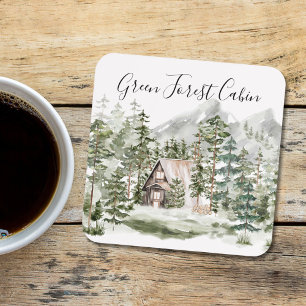 Posavasos Cabaña de acuarela en el bosque verde de pinos sil
