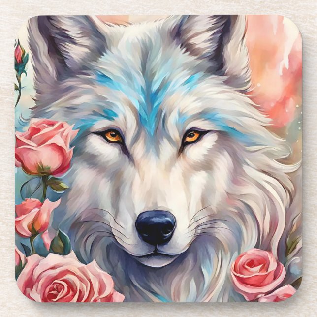 Posavasos cabeza de lobo rosa rosa rosa pintura de animales  (Frente)