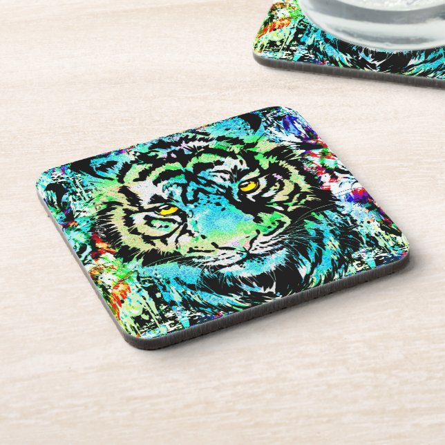 Posavasos Cabeza de tigre azul - Montaña de bebidas con retr (Lado Izquierdo)