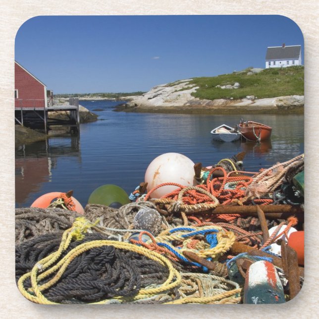 Posavasos Cacerolas de bogavante, boyas y cuerdas en el muel (Frente)