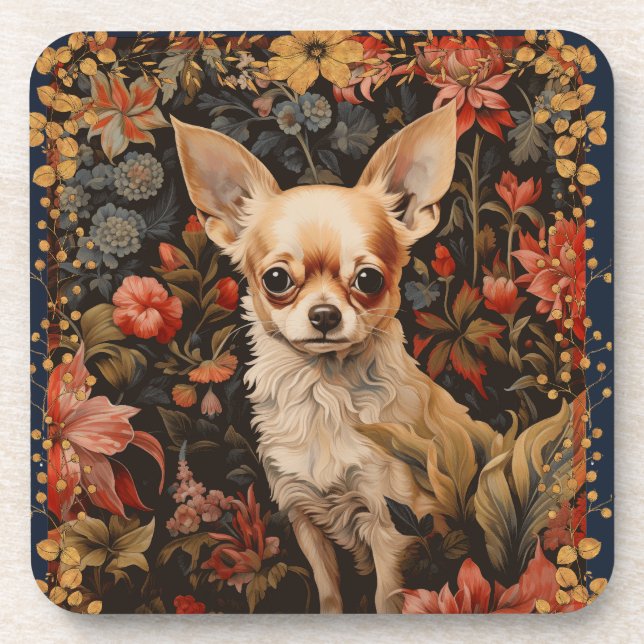 Posavasos Cachorro chihuahua al estilo de William Morris (Frente)