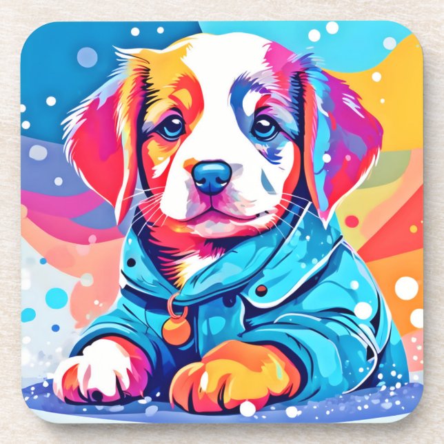 Posavasos Cachorro en diseño de Abrigo Azul (Frente)