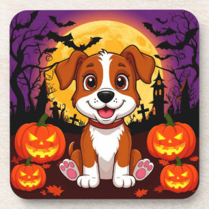 Posavasos Cachorro feliz en un entorno de Halloween con cala