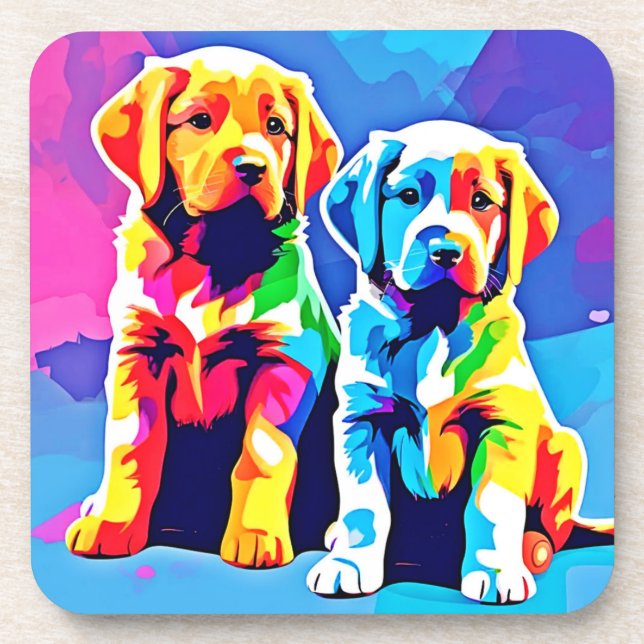Posavasos Cachorros Arcoíris: Dueto Juguetón (Frente)