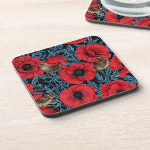 Posavasos Cachorros rojos y venas, hojas azules en negro