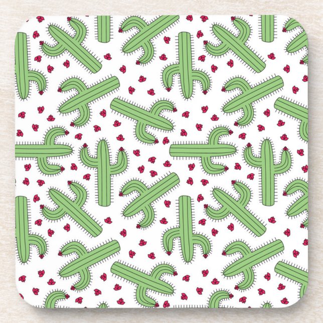 Posavasos Cactus ilustrado y modelo de flores rosado (Frente)