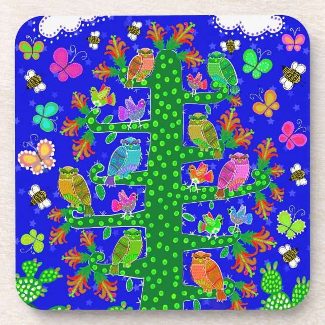 Posavasos Cactus Tree of Life with Owls and Birds (Frente)
