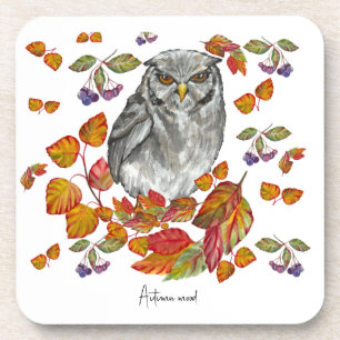 Posavasos Cae una hermosa lechuza y hojas