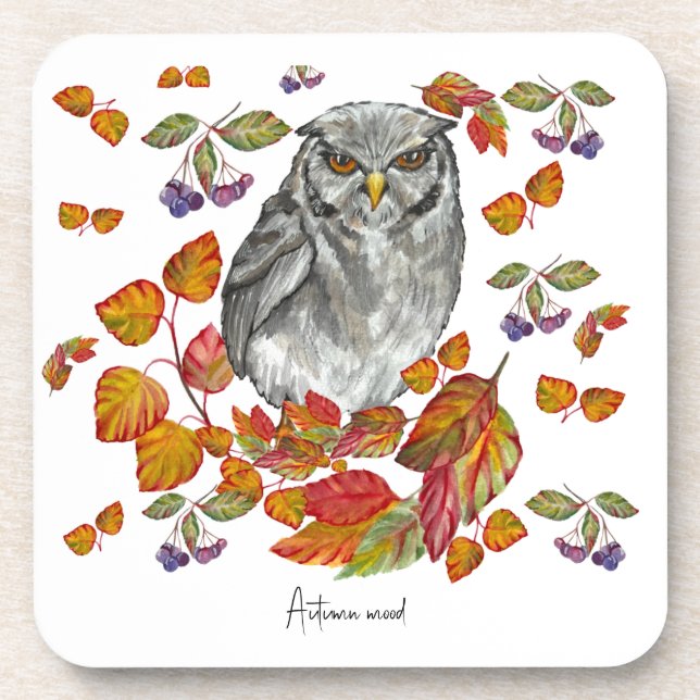Posavasos Cae una hermosa lechuza y hojas (Frente)