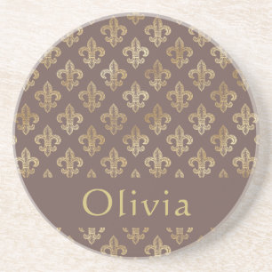 Posavasos Café Brown & Gold Fleur De Lis Personalizado