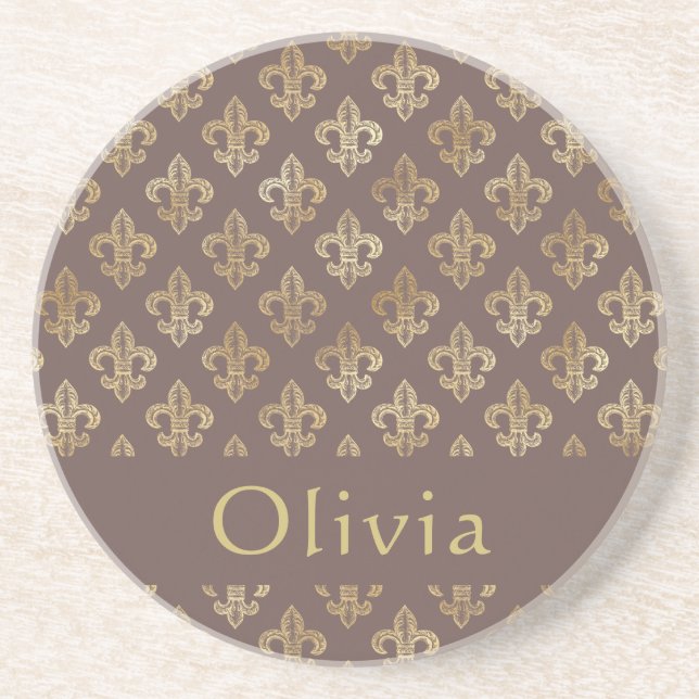 Posavasos Café Brown & Gold Fleur De Lis Personalizado (Frente)