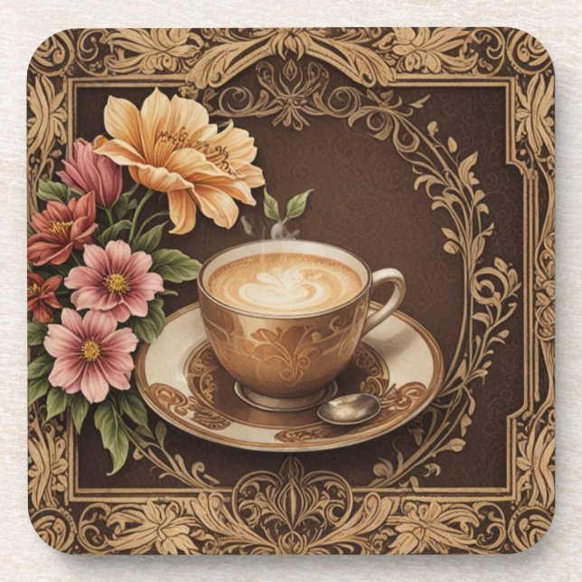 Posavasos Café y flores de época (Frente)