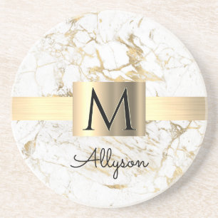 Posavasos Caja de oro con mármol blanco y dorado, monograma 