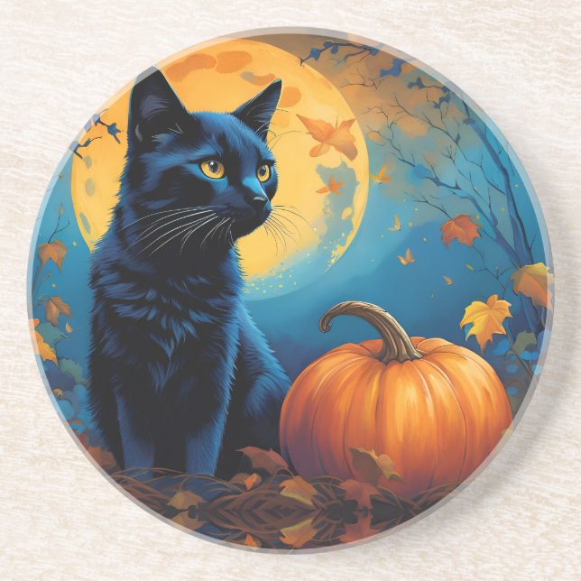 Posavasos Calabaza de gatito negro de hojas de otoño llenas  (Frente)