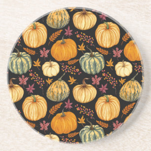 Posavasos Calabazas acuarelas: Patrón sin foco de otoño.