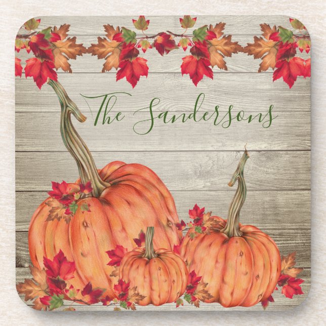 Posavasos Calabazas de Naranja de otoño de madera rústica ho (Frente)