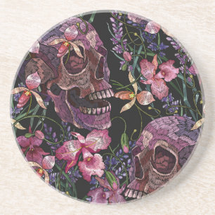 Posavasos Calavera bordada: Patrón de orquídeas góticas