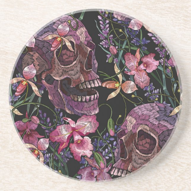 Posavasos Calavera bordada: Patrón de orquídeas góticas (Frente)
