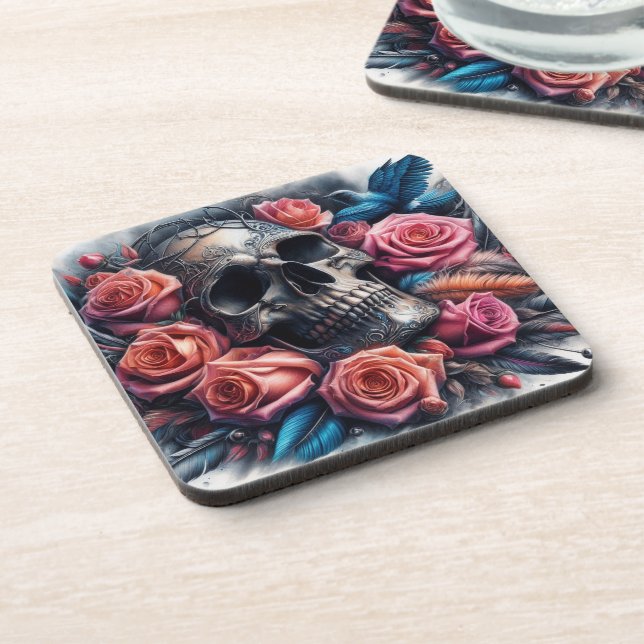 Posavasos Calavera con Rosas y pájaro azul (Lado Izquierdo)