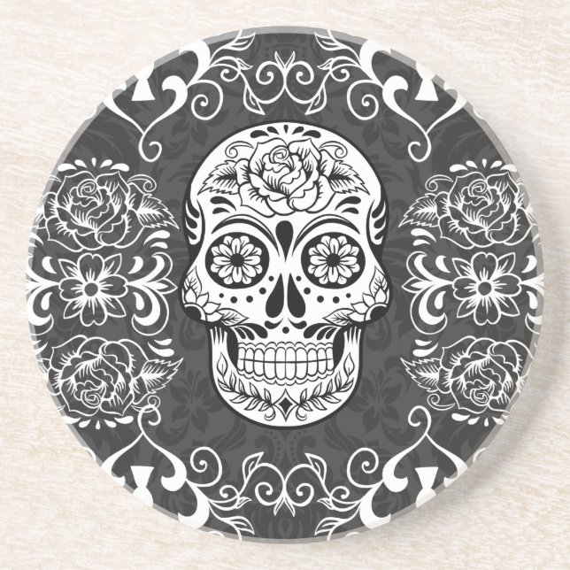 Posavasos Calavera de azúcar decorativa Grunge gótico blanco (Frente)