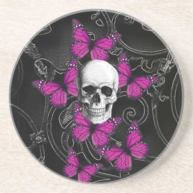 Posavasos Calavera de fantasía y mariposas rosadas calientes (Frente)