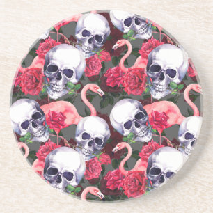Posavasos Calavera floral, flamingo sin costuras.