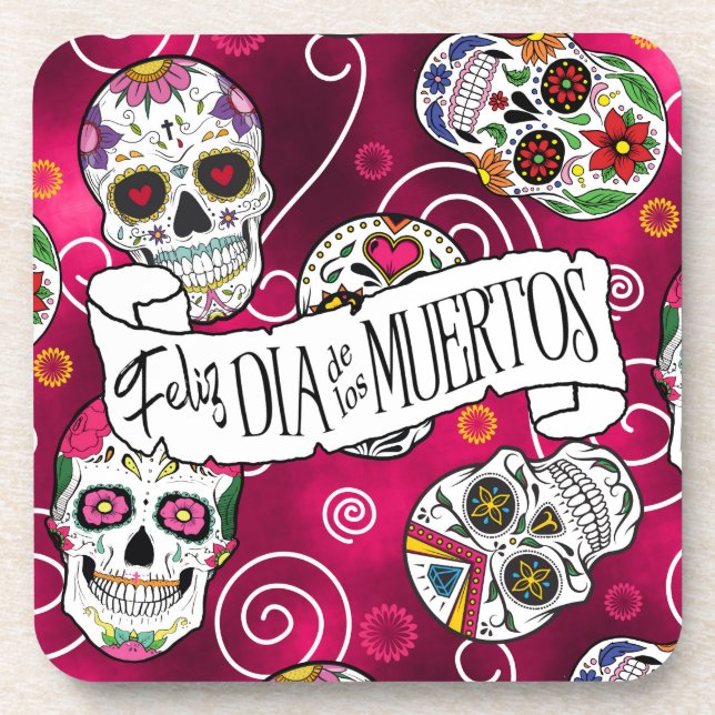 Posavasos Calaveras de azúcar y Swirls Subió Red ID725 (Frente)