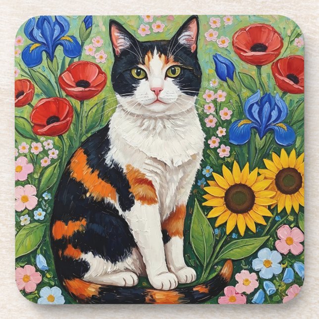 Posavasos Calico Cat and Folk Art Sunflowers (Frente)