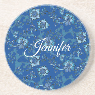 Posavasos Caligrafía Elegante Floral Azul Nombre personaliza