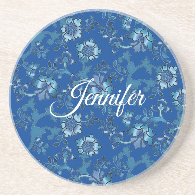 Posavasos Caligrafía Elegante Floral Azul Nombre personaliza (Frente)