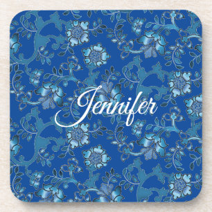 Posavasos Caligrafía Elegante Floral Azul Nombre personaliza