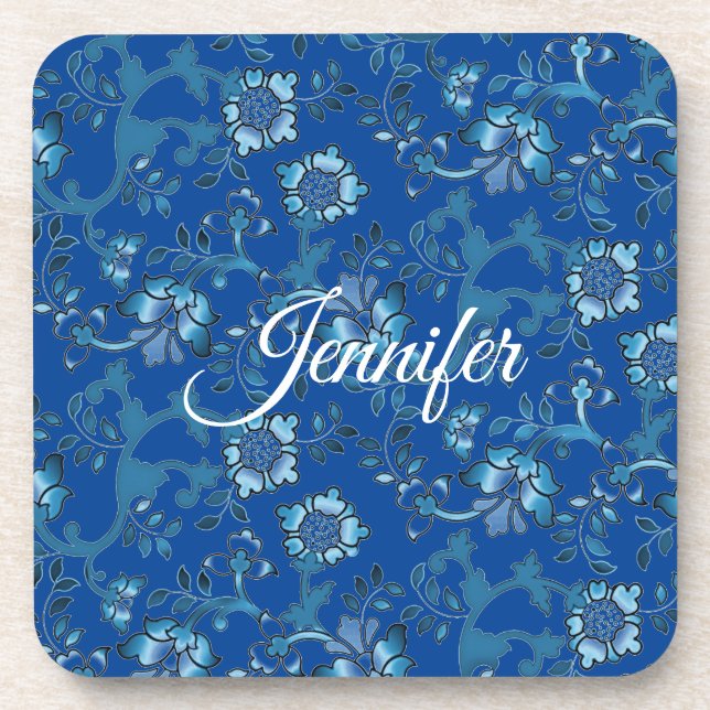 Posavasos Caligrafía Elegante Floral Azul Nombre personaliza (Frente)